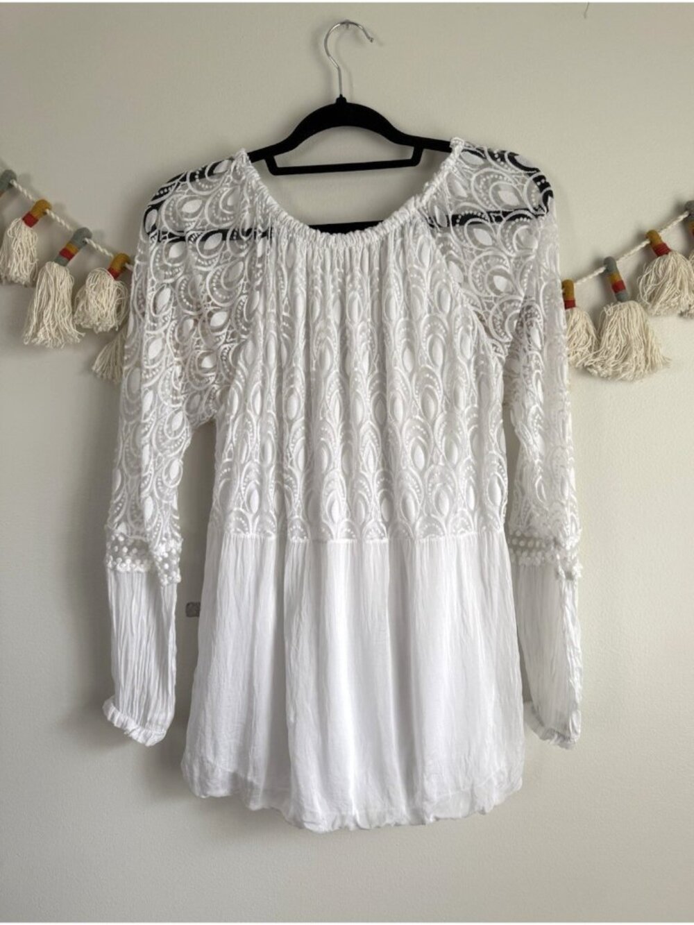 Made In Italy Silk Blend White Lace Floral Semi Sheer Top Romantic Feminine M - Picture 2 of 9